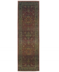 This long runner is ideal for hallways and entryways. A truly charming interpretation of a traditional carpet, this rug features a center medallion ringed by palmettes and floral details in sage green, topaz and slate blue against a rich burgundy ground. Striated effects create the weathered look of handmade rugs in a stain-resistant, no-shed manmade fiber. This long runner is ideal for hallways and entryways. A truly charming interpretation of a traditional carpet, this rug features a center medallion ringed by palmettes and floral details in sage green, topaz and slate blue against a rich burgundy ground. Striated effects create the weathered look of handmade rugs in a stain-resistant, no-shed manmade fiber.