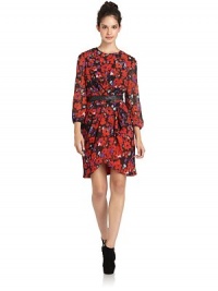 THE LOOKAllover floral printGentle draping through bustLeather waistbandGently pleated, asymmetric mock wrap skirtThree-quarter length sleeves with elastic cuffsBack zip with hook-and-eye closureTHE FITAbout 38 from shoulder to hemTHE MATERIALBody: polyesterTrim: leatherFully linedCARE & ORIGINHand washImportedModel shown is 5'11 (180cm) wearing US size Small. THE LOOKAllover floral printGentle draping through bustLeather waistbandGently pleated, asymmetric mock wrap skirtThree-quarter length sleeves with elastic cuffsBack zip with hook-and-eye closureTHE FITAbout 38 from shoulder to hemTHE MATERIALBody: polyesterTrim: leatherFully linedCARE & ORIGINHand washImportedModel shown is 5'11 (180cm) wearing US size Small.