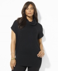 A modern jersey-knit plus size sweater silhouette is crafted with a funnel neckline and short dolman sleeves. A modern jersey-knit plus size sweater silhouette is crafted with a funnel neckline and short dolman sleeves.