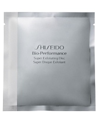 Shiseido Bio-Performance Super Exfoliating Discs. Unique dual-sided disc provides gentle and effective micro-dermabrasion to visibly minimize the appearance of fine lines and pores. The textured cotton side gently exfoliates, while the silk side softly refines and polishes. Formulated with Bio-Exfoliderm, including yeast, TMG and rice bran to soften skin and promote natural cell exfoliation. For maximum results use with Bio-Performance Super Refining Essence. Excellent for all skin types. Use once weekly after cleansing. Shiseido Bio-Performance Super Exfoliating Discs. Unique dual-sided disc provides gentle and effective micro-dermabrasion to visibly minimize the appearance of fine lines and pores. The textured cotton side gently exfoliates, while the silk side softly refines and polishes. Formulated with Bio-Exfoliderm, including yeast, TMG and rice bran to soften skin and promote natural cell exfoliation. For maximum results use with Bio-Performance Super Refining Essence. Excellent for all skin types. Use once weekly after cleansing.
