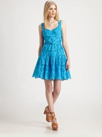 Eyelet floral lace imbues this airy cotton frock with a flattering feminine charm.Wide strapsSweetheart necklineBust dartsBuckled self-beltTiered skirtScoopbackCenter back zipperAbout 21 from natural waistCottonDry cleanMade in USA of imported fabricModel shown is 5'10 (177cm) wearing US size 4. Eyelet floral lace imbues this airy cotton frock with a flattering feminine charm.Wide strapsSweetheart necklineBust dartsBuckled self-beltTiered skirtScoopbackCenter back zipperAbout 21 from natural waistCottonDry cleanMade in USA of imported fabricModel shown is 5'10 (177cm) wearing US size 4.
