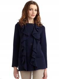 THE LOOKDouble-breasted button frontTwin columns of cascading ruffles down the centerBracelet-length sleevesDual patch pocketsTHE FITAbout 27 from shoulder to hemTHE MATERIALVirgin woolCARE & ORIGINDry cleanMade in ItalyModel shown is 5'10 (177cm) wearing US size 4. THE LOOKDouble-breasted button frontTwin columns of cascading ruffles down the centerBracelet-length sleevesDual patch pocketsTHE FITAbout 27 from shoulder to hemTHE MATERIALVirgin woolCARE & ORIGINDry cleanMade in ItalyModel shown is 5'10 (177cm) wearing US size 4.