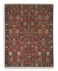 Evoking the charm of a country manor, the Cambridge rug features a floral and vine motif in a color palette that includes indigo, ivory, caramel, terra cotta and soft blues and greens against a rich red ground. Each color is specially dyed to achieve subtle shadings for a gentle antique finish. Woven in the USA of New Zealand premium worsted wool for indulgent softness. Evoking the charm of a country manor, the Cambridge rug features a floral and vine motif in a color palette that includes indigo, ivory, caramel, terra cotta and soft blues and greens against a rich red ground. Each color is specially dyed to achieve subtle shadings for a gentle antique finish. Woven in the USA of New Zealand premium worsted wool for indulgent softness.