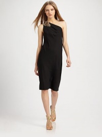 Elegant stretch silk in an updated one-shoulder silhouette with floral hardware.Side zipper About 22 from natural waist 95% silk/5% spandex Dry clean Imported Elegant stretch silk in an updated one-shoulder silhouette with floral hardware.Side zipper About 22 from natural waist 95% silk/5% spandex Dry clean Imported