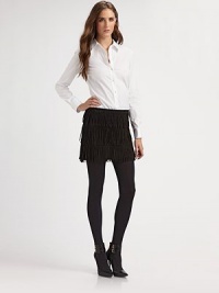 Hippie-chic suede fringe in a layered, leg-baring silhouette. Side zipperFully linedGoat suedeDry clean with leather specialistImported Hippie-chic suede fringe in a layered, leg-baring silhouette. Side zipperFully linedGoat suedeDry clean with leather specialistImported