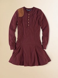 The classic Henley shirt inspired a chic long-sleeved dress in soft cotton jersey that is accented with a channel-stitched suede patch.Ribbed crewneckLong sleeves with ribbed cuffsButton-frontFront and back princess seamsFlared hem with inset gussetsCottonMachine washImported Please note: Number of buttons may vary depending on size ordered. The classic Henley shirt inspired a chic long-sleeved dress in soft cotton jersey that is accented with a channel-stitched suede patch.Ribbed crewneckLong sleeves with ribbed cuffsButton-frontFront and back princess seamsFlared hem with inset gussetsCottonMachine washImported Please note: Number of buttons may vary depending on size ordered.