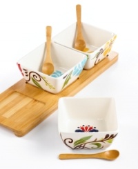 Pairing hand-painted florals and sleek bamboo, the Jardine condiment set dishes out colorful fresh-for-spring style with every helping of hummus, relish and guacamole. Pairing hand-painted florals and sleek bamboo, the Jardine condiment set dishes out colorful fresh-for-spring style with every helping of hummus, relish and guacamole.