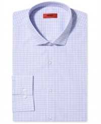 A light checkered print and a flattering slim fit give this Hugo Boss dress shirt its handsome style. A light checkered print and a flattering slim fit give this Hugo Boss dress shirt its handsome style.