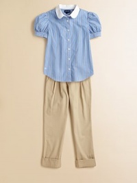 A classic shirt is rendered in lightweight cotton poplin and updated with pretty stripes and pintuck detailing.Club collarShort sleeves with ruffle-trimmed barrel cuffsButton-frontGathered waistCottonMachine washImported Please note: Number of buttons may vary depending on size ordered. A classic shirt is rendered in lightweight cotton poplin and updated with pretty stripes and pintuck detailing.Club collarShort sleeves with ruffle-trimmed barrel cuffsButton-frontGathered waistCottonMachine washImported Please note: Number of buttons may vary depending on size ordered.