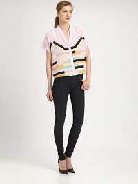 Relaxed silk top in an artful, colorblocked print with a mandarin collar and hidden button front. Mandarin collarV-neckHidden button frontShort sleevesSilkDry cleanImportedModel shown is 5'10 (177cm) wearing US size Small. Relaxed silk top in an artful, colorblocked print with a mandarin collar and hidden button front. Mandarin collarV-neckHidden button frontShort sleevesSilkDry cleanImportedModel shown is 5'10 (177cm) wearing US size Small.