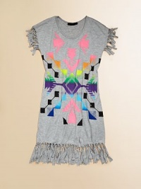This soft knit style is printed with a vibrant, tribal-inspired patterned and decorated with knotted fringe.Jewel necklineFringe-trimmed cap sleevesFringe-trimmed hemlineScreen-printed detailRayonHand washImported This soft knit style is printed with a vibrant, tribal-inspired patterned and decorated with knotted fringe.Jewel necklineFringe-trimmed cap sleevesFringe-trimmed hemlineScreen-printed detailRayonHand washImported