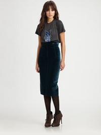 Incredibly soft velvet meets the classic pencil skirt for an unbelievably fashion-forward look.Button closureFront zipperBack waist dartsBack ventAbout 31 longCotton; silk liningDry cleanMade in Italy of imported fabric Model shown is 5'9½ (176cm) wearing US size 4. Incredibly soft velvet meets the classic pencil skirt for an unbelievably fashion-forward look.Button closureFront zipperBack waist dartsBack ventAbout 31 longCotton; silk liningDry cleanMade in Italy of imported fabric Model shown is 5'9½ (176cm) wearing US size 4.