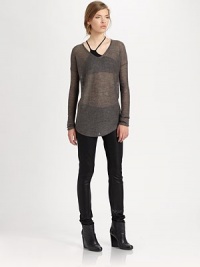 From the HELMUT capsule collection. Semi-sheer alpaca and silk sweater has dropped shoulders and an asymmetrical, cropped back hem. Rounded v-neckDropped shouldersLong sleevesCropped back asymmetrical hem70% alpaca/30% silkDry cleanImportedModel shown is 5'10 (177cm) wearing US size Small. From the HELMUT capsule collection. Semi-sheer alpaca and silk sweater has dropped shoulders and an asymmetrical, cropped back hem. Rounded v-neckDropped shouldersLong sleevesCropped back asymmetrical hem70% alpaca/30% silkDry cleanImportedModel shown is 5'10 (177cm) wearing US size Small.
