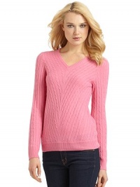 THE LOOKLong sleevesCable knitRibbed V-neck, cuffs and hemTHE FITAbout 25½ from shoulder to hemTHE MATERIALCottonCARE & ORIGINDry cleanImportedModel shown is 5'11 (180cm) wearing US size Small. THE LOOKLong sleevesCable knitRibbed V-neck, cuffs and hemTHE FITAbout 25½ from shoulder to hemTHE MATERIALCottonCARE & ORIGINDry cleanImportedModel shown is 5'11 (180cm) wearing US size Small.