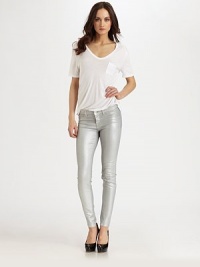 Coated metallic denim gives this fitted style look of liquid leggings all in an easy five-pocket silhouette.THE FITSkinny fitRise, about 8Inseam, about 28THE DETAILSZip flyTwo pockets64% cotton/32% polyester/4% LycraDry cleanMade in USA of imported fabricModel shown is 5'10 (177cm) wearing US size 4. Coated metallic denim gives this fitted style look of liquid leggings all in an easy five-pocket silhouette.THE FITSkinny fitRise, about 8Inseam, about 28THE DETAILSZip flyTwo pockets64% cotton/32% polyester/4% LycraDry cleanMade in USA of imported fabricModel shown is 5'10 (177cm) wearing US size 4.