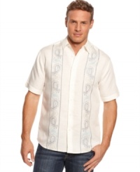 Classic guayabera style shirt by Cubavera with embroidery detail for cool casual style. Classic guayabera style shirt by Cubavera with embroidery detail for cool casual style.