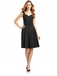 THE LOOKJacquard woven design, alloverSweetheart necklineBelted waistPleated skirtBack zip closureTHE FITAbout 38 from shoulder to hemTHE MATERIALPolyester/cottonFully linedCARE & ORIGINDry cleanMade in USA of imported fabricModel shown is 5'10½ (179cm) wearing US size 4. THE LOOKJacquard woven design, alloverSweetheart necklineBelted waistPleated skirtBack zip closureTHE FITAbout 38 from shoulder to hemTHE MATERIALPolyester/cottonFully linedCARE & ORIGINDry cleanMade in USA of imported fabricModel shown is 5'10½ (179cm) wearing US size 4.