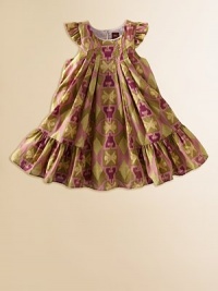 Delicate flowers and ruffles lend a frilly feel to this graceful fluttery frock.ScoopneckShort flutter sleevesBack keyhole buttonPleated bodiceRuffled hem70% cotton/30% silkMachine washImported Please note: Number of buttons may vary depending on size ordered. Delicate flowers and ruffles lend a frilly feel to this graceful fluttery frock.ScoopneckShort flutter sleevesBack keyhole buttonPleated bodiceRuffled hem70% cotton/30% silkMachine washImported Please note: Number of buttons may vary depending on size ordered.