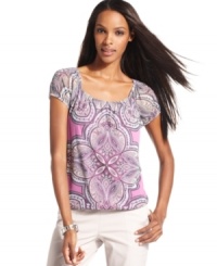 An intricate paisley print adorns INC's layered, lightweight mesh peasant top -- a must-have for warm weather! An intricate paisley print adorns INC's layered, lightweight mesh peasant top -- a must-have for warm weather!