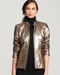 Shine brilliantly in shades of sparkle with this Lafayette 148 New York leather jacket, finished with statement braided trim for a rocker-luxe look. Style with leather leggings and rock n' roll to the top of the fashion set. Shine brilliantly in shades of sparkle with this Lafayette 148 New York leather jacket, finished with statement braided trim for a rocker-luxe look. Style with leather leggings and rock n' roll to the top of the fashion set.