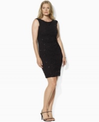 Lauren by Ralph Lauren's sleek matte jersey plus size dress is made glamorous with a sequin-and-lace overlay, creating an elegant cocktail silhouette. Lauren by Ralph Lauren's sleek matte jersey plus size dress is made glamorous with a sequin-and-lace overlay, creating an elegant cocktail silhouette.