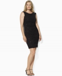 Lauren by Ralph Lauren's sleek matte jersey plus size dress is made glamorous with a sequin-and-lace overlay, creating an elegant cocktail silhouette.