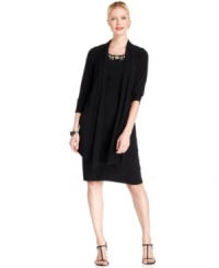 Easy and elegant, this mock-jacket dress from Jones New York features a beaded neckline and chic style. Easy and elegant, this mock-jacket dress from Jones New York features a beaded neckline and chic style.