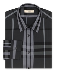 A broad check pattern blending tonal hues distinguishes this handsome dress shirt from Burberry. A broad check pattern blending tonal hues distinguishes this handsome dress shirt from Burberry.