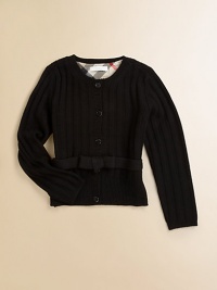 A bow adorned waistband and classic check lining define this button-front knit.CrewneckLong sleevesButton-frontWaist with bow detailMerino WoolDry cleanImported Please note: Number of buttons may vary depending on size ordered. A bow adorned waistband and classic check lining define this button-front knit.CrewneckLong sleevesButton-frontWaist with bow detailMerino WoolDry cleanImported Please note: Number of buttons may vary depending on size ordered.