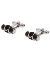 Make a statement with modern accessories. These Emporio Armani logo cuff links shine in stainless steel with black silicone and onyx accents. Approximate width: 3/4 inch. Make a statement with modern accessories. These Emporio Armani logo cuff links shine in stainless steel with black silicone and onyx accents. Approximate width: 3/4 inch.