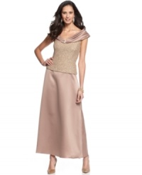 Patra's evening gown looks like two perfectly coordinated pieces, but is just one effortlessly elegant evening ensemble. Pair with dramatic jewels to keep with the tone. Patra's evening gown looks like two perfectly coordinated pieces, but is just one effortlessly elegant evening ensemble. Pair with dramatic jewels to keep with the tone.