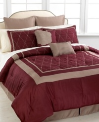 Utterly sophisticated, this Valencia comforter set commands attention in your space with a rich, romantic color palette and an elegant embroidered diamond design. Two decorative pillows tie the look together with a floral embellishment and luxe pleated details. Utterly sophisticated, this Valencia comforter set commands attention in your space with a rich, romantic color palette and an elegant embroidered diamond design. Two decorative pillows tie the look together with a floral embellishment and luxe pleated details.
