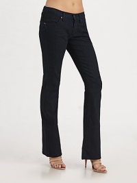 Stretch denim in a solid dark blue wash is slim through the leg with a chic, bootcut opening.Narrow waistband with belt loops and button closure Front zipperSide pocketsBack patch pocketsInseam, about 2965% cotton/32% polyester/3% Lycra Machine wash Made in USA Stretch denim in a solid dark blue wash is slim through the leg with a chic, bootcut opening.Narrow waistband with belt loops and button closure Front zipperSide pocketsBack patch pocketsInseam, about 2965% cotton/32% polyester/3% Lycra Machine wash Made in USA