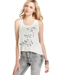 Bring sheer, feminine style to your laid-back jeans ensemble with this lacy, high-low top from Eyeshadow! Bring sheer, feminine style to your laid-back jeans ensemble with this lacy, high-low top from Eyeshadow!