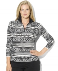 Lauren Ralph Lauren's soft waffle-knit cotton top is a festive choice for the season, crafted with an allover Fair Isle pattern and a zippered mockneck. Lauren Ralph Lauren's soft waffle-knit cotton top is a festive choice for the season, crafted with an allover Fair Isle pattern and a zippered mockneck.