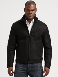 A vintage oiled suede jacket with lined with genuine dyed shearling is a perfect outerwear option when temperatures drop.Zip frontStand collarSide slash pocketsAbout 27 from shoulder to hemSuedeDry cleanImportedFur origin: Turkey A vintage oiled suede jacket with lined with genuine dyed shearling is a perfect outerwear option when temperatures drop.Zip frontStand collarSide slash pocketsAbout 27 from shoulder to hemSuedeDry cleanImportedFur origin: Turkey