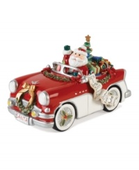 Fitz & Floyd presents an iconic symbol of Christmas with a modern twist: Santa is in a red convertible instead of the usual sleigh. Plus, this holiday collectible plays the classic carol Here Comes Santa Claus. Fitz & Floyd presents an iconic symbol of Christmas with a modern twist: Santa is in a red convertible instead of the usual sleigh. Plus, this holiday collectible plays the classic carol Here Comes Santa Claus.