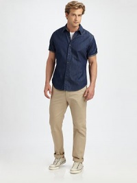 This trim-fitting cotton denim style works well on weekends, the perfect alternative to a polo.Point collarButton front Short sleevesShirttail hemCottonMachine washImported This trim-fitting cotton denim style works well on weekends, the perfect alternative to a polo.Point collarButton front Short sleevesShirttail hemCottonMachine washImported