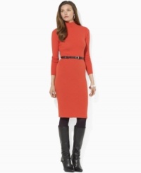 Embrace understated elegance in Lauren by Ralph Lauren's chic ribbed dress, crafted in ultra-soft merino wool and finished with a simple turtleneck. Embrace understated elegance in Lauren by Ralph Lauren's chic ribbed dress, crafted in ultra-soft merino wool and finished with a simple turtleneck.