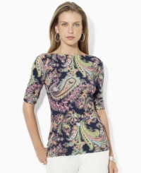 A chic boat neckline infuses Lauren Ralph Lauren's classic cotton petite jersey tee with breezy, relaxed style. A chic boat neckline infuses Lauren Ralph Lauren's classic cotton petite jersey tee with breezy, relaxed style.