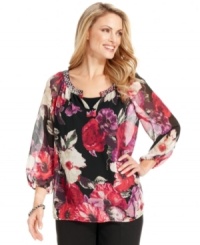 Add a pretty touch to any ensemble with Charter Club's rhinestone-studded floral-print petite top. The semi-sheer fabric looks beautiful with a cami and trousers. Add a pretty touch to any ensemble with Charter Club's rhinestone-studded floral-print petite top. The semi-sheer fabric looks beautiful with a cami and trousers.