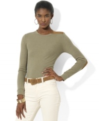 A sleek crewneck is rendered in soft fine-ribbed cotton with a LRL-embossed zippered shoulder and tonal faux-suede patches at the elbows for an infusion of modern edge, from Lauren Jeans Co. A sleek crewneck is rendered in soft fine-ribbed cotton with a LRL-embossed zippered shoulder and tonal faux-suede patches at the elbows for an infusion of modern edge, from Lauren Jeans Co.