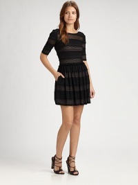 Stripes of sheer and matte lace come together in this charming fit-and-flare dress finished with a skin-baring scoopback. BoatneckThree-quarter sleevesTop-fit bodiceFull gathered skirtCenter back zipperAbout 17 from natural waist60% nylon/35% cotton/5% spandexDry cleanImportedModel shown is 5'10 (177cm) wearing US size Small. Stripes of sheer and matte lace come together in this charming fit-and-flare dress finished with a skin-baring scoopback. BoatneckThree-quarter sleevesTop-fit bodiceFull gathered skirtCenter back zipperAbout 17 from natural waist60% nylon/35% cotton/5% spandexDry cleanImportedModel shown is 5'10 (177cm) wearing US size Small.