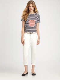 This cropped cotton style features a cuffed leg and two different back pockets.Self waistband with belt loopsZip fly with hook-and-bar closureCuffed legBack waistband notchBack pockets; one welt, one flapInseam, about 22CottonDry cleanMade in USA of imported fabricModel shown is 5'9½ (176cm) wearing US size 4. This cropped cotton style features a cuffed leg and two different back pockets.Self waistband with belt loopsZip fly with hook-and-bar closureCuffed legBack waistband notchBack pockets; one welt, one flapInseam, about 22CottonDry cleanMade in USA of imported fabricModel shown is 5'9½ (176cm) wearing US size 4.