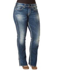 Team your casual looks with Silver Jeans' plus size straight leg jeans, finished by a faded medium wash. Team your casual looks with Silver Jeans' plus size straight leg jeans, finished by a faded medium wash.