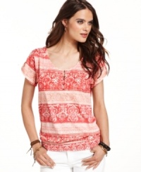 Channeling handmade prints from faraway destinations, this Lucky Brand Jeans top is a boho-inspired classic, made from so-soft cotton. Channeling handmade prints from faraway destinations, this Lucky Brand Jeans top is a boho-inspired classic, made from so-soft cotton.