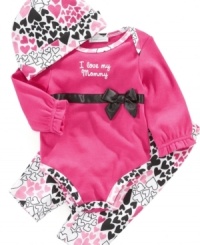 An abundance of love is allover this 3 piece delightful bodysuit, hat, and pant set by First Impressions. An abundance of love is allover this 3 piece delightful bodysuit, hat, and pant set by First Impressions.