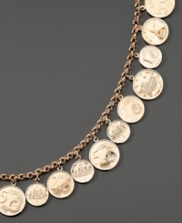 A stunning exchange rate! This charm bracelet features graduated European coins on rolo bracelet. Set in 14k gold.  Measures 8.