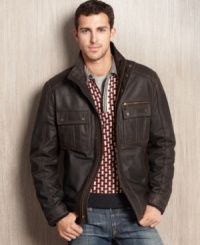 Keep the chill off and your look cool with this classic leather coat from Marc New York. Keep the chill off and your look cool with this classic leather coat from Marc New York.
