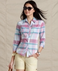 The basic button-front shirt gets revamped with a pastel plaid print from Tommy Hilfiger. Pair it with anything from sporty shorts to denim capris! The basic button-front shirt gets revamped with a pastel plaid print from Tommy Hilfiger. Pair it with anything from sporty shorts to denim capris!